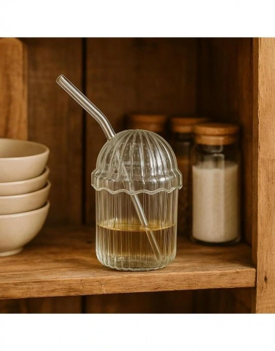 Çizgili Kapakli Pipetli Cam Bardak Kçk