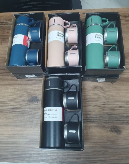 Paslanmaz Çelik 3 Bardaklı Termos Siyah