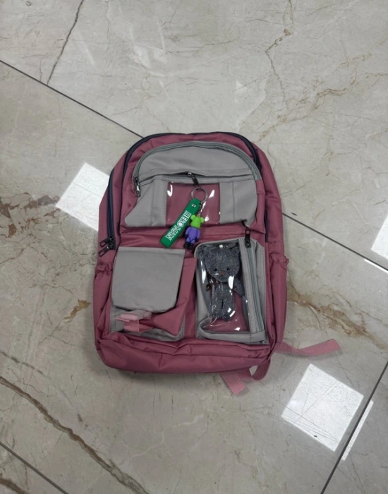 2 Gözlü Ayı Model Kore Tarzı İlkokul Sırt Çantası Anahtarlı Koyu Pembe