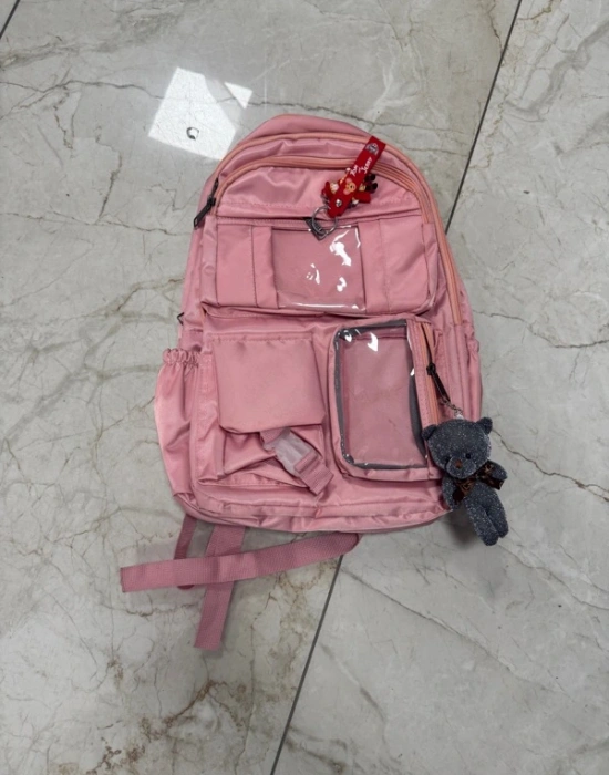 2 Gözlü Ayı Model Kore Tarzı İlkokul Sırt Çantası Anahtarlı Açık Pembe