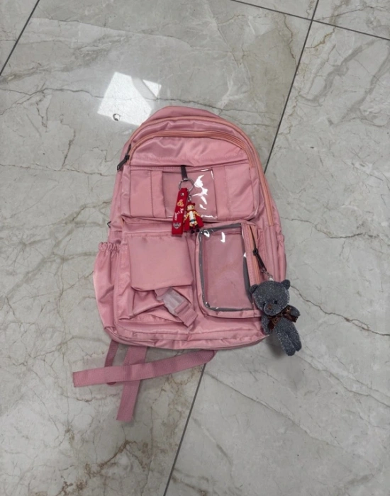 2 Gözlü Ayı Model Kore Tarzı İlkokul Sırt Çantası Anahtarlı Açık Pembe
