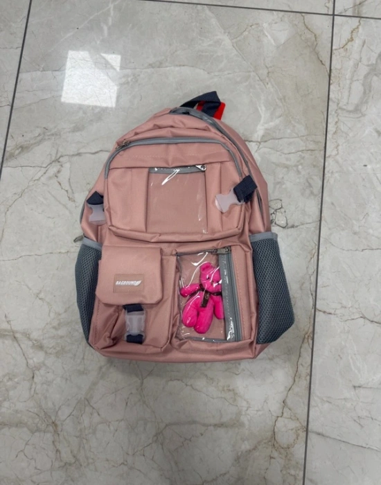 Ayı Model Kore Tarzı İlkokul Sırt Çantası Somon Gri Fileli