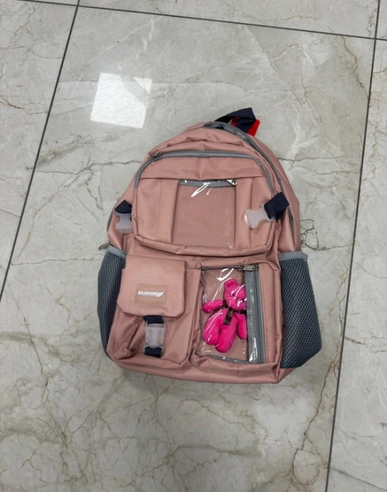 Ayı Model Kore Tarzı İlkokul Sırt Çantası Somon Gri Fileli