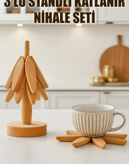 MR 3Lü Standlı  Katlanır Ahşap Bambu Nihale