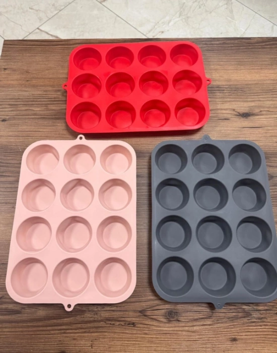 Silikon 12Li Muffin Kalbı Renkli pudra Kırmızı Gri