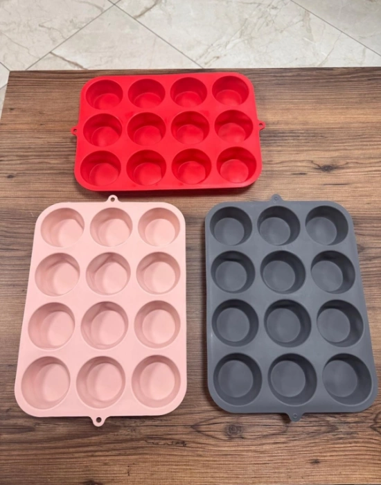 Silikon 12Li Muffin Kalbı Renkli pudra Kırmızı Gri