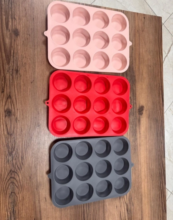 Silikon 12Li Muffin Kalbı Renkli pudra Kırmızı Gri