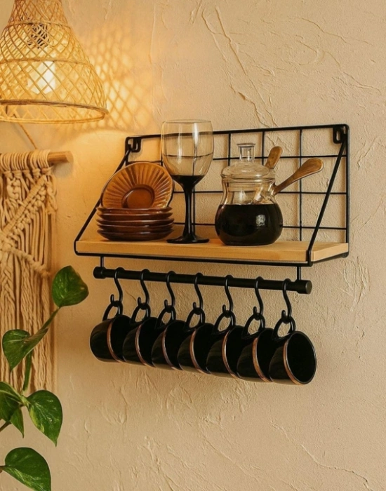 Ahşap Raflı Metal Fincan Askısı 6Lı