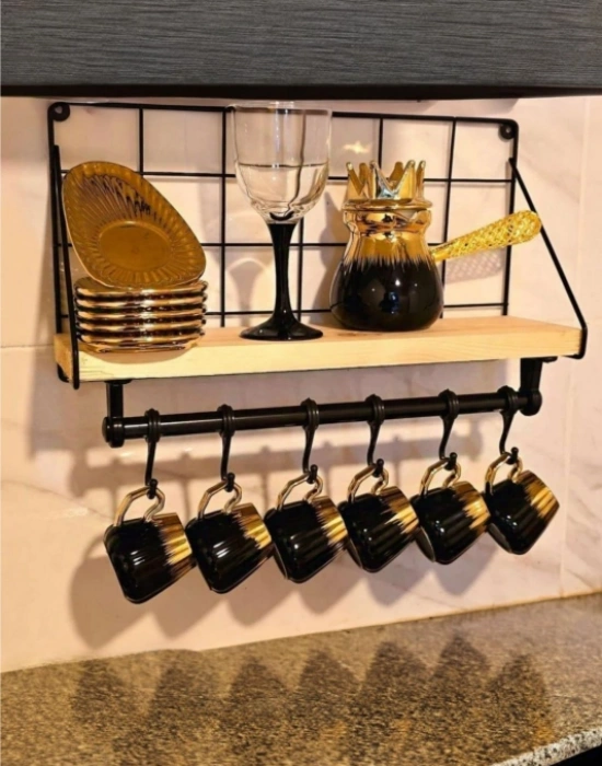 Ahşap Raflı Metal Fincan Askısı 6Lı