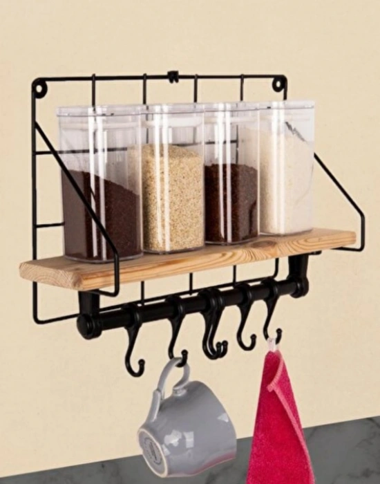 Ahşap Raflı Metal Fincan Askısı 6Lı