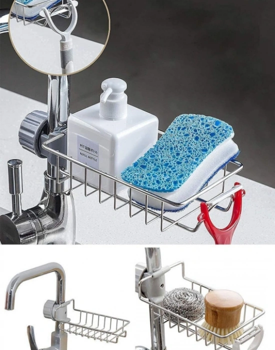 Metal Mutfak Lavabo Ayarlı Musluk Yani Organizer Bulaşık Sünger Düzenleyici  17,5 x 10 x 7 cm Metal Raf Musluk Rafı