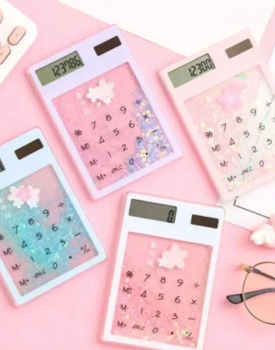 D. Renkli Sulu Simli Figürli Hesap Makinesi  12 x 8 x 1 cm İnce