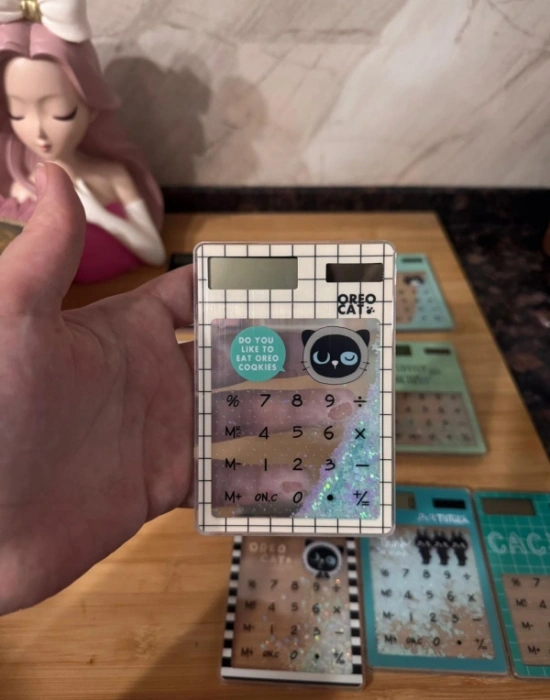 D. Renkli Sulu Simli Figürli Hesap Makinesi  12 x 8 x 1 cm İnce