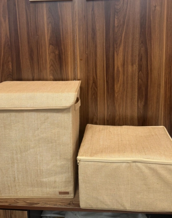 P. Orta Boy Jüt Kumaş Fermuarlı Deri Saplı Baza Altı Dolap İçi Destekli Hurç  35x42x23 cm