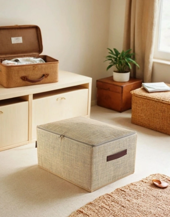 P. Orta Boy Jüt Kumaş Fermuarlı Deri Saplı Baza Altı Dolap İçi Destekli Hurç  35x42x23 cm