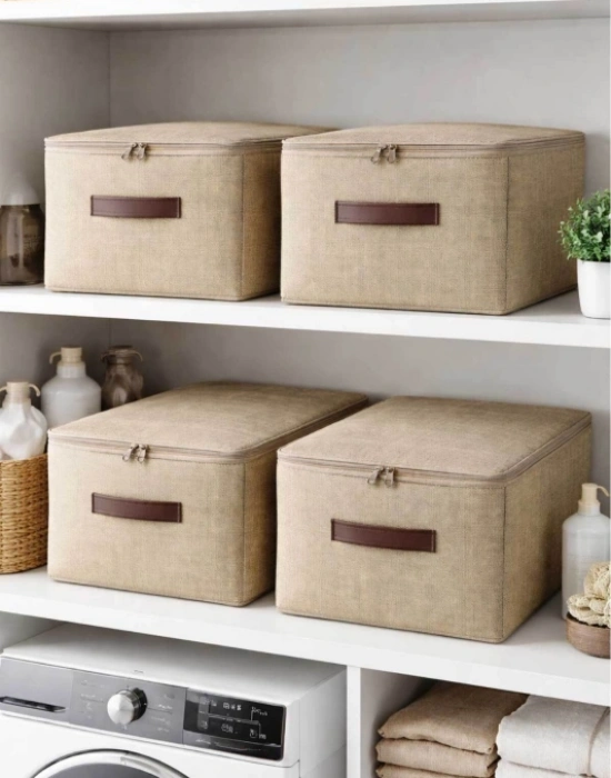 P. Orta Boy Jüt Kumaş Fermuarlı Deri Saplı Baza Altı Dolap İçi Destekli Hurç  35x42x23 cm