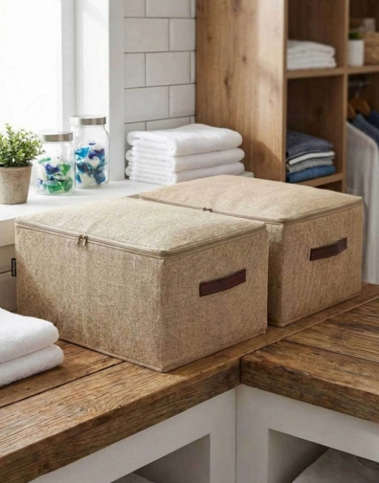 P. Orta Boy Jüt Kumaş Fermuarlı Deri Saplı Baza Altı Dolap İçi Destekli Hurç  35x42x23 cm