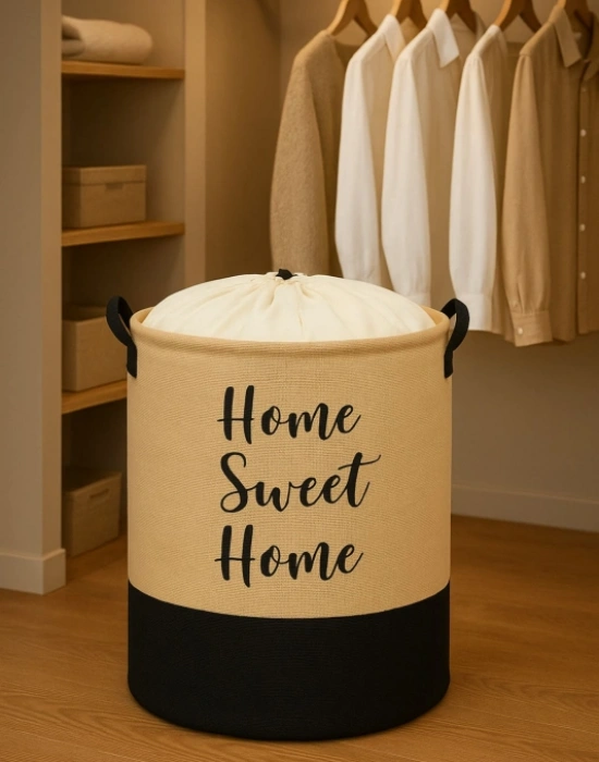 P. Jüt Su Geçirmez Tabanlı Home Sweet Ağzı Büzgülü Katlanır Kirli Çamaşır Dolap İçi Saklama Sepeti 37 x 40 cm