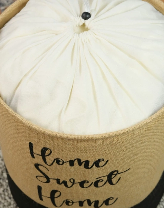 P. Jüt Su Geçirmez Tabanlı Home Sweet Ağzı Büzgülü Katlanır Kirli Çamaşır Dolap İçi Saklama Sepeti 37 x 40 cm