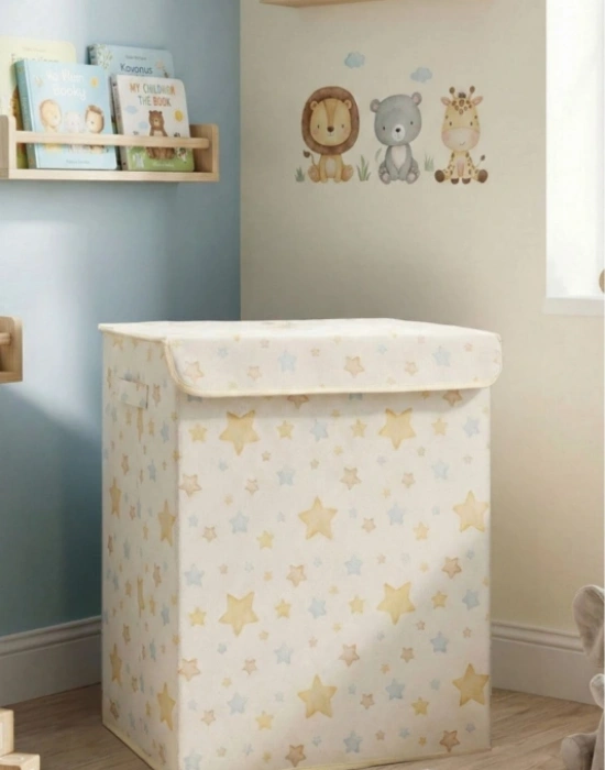 P. Yıldız Desenli Çok Amaçlı Kapaklı Oyuncak Çamaşır Saklama Kutusu Katlanır Düzenleyici 30x40x50 cm