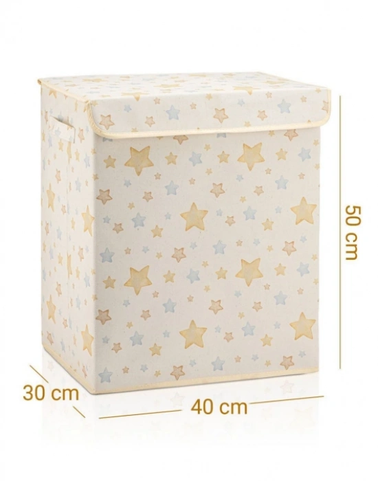 P. Yıldız Desenli Çok Amaçlı Kapaklı Oyuncak Çamaşır Saklama Kutusu Katlanır Düzenleyici 30x40x50 cm