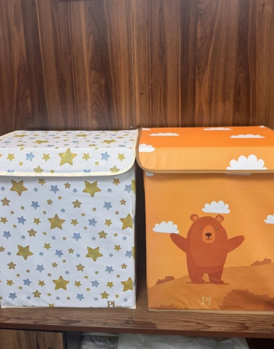 P. Yıldız Desenli Çok Amaçlı Kapaklı Oyuncak Çamaşır Saklama Kutusu Katlanır Düzenleyici 30x40x50 cm