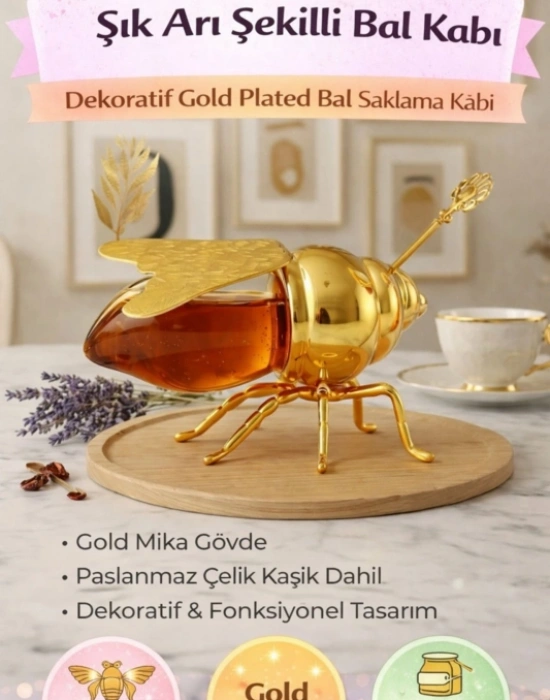 Arı Tasarımlı Bal Kabı Ballık  Kaşık Hediyeli Gold Kaplama Plastik