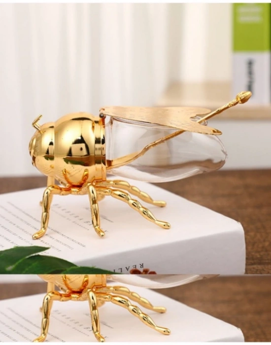 Arı Tasarımlı Bal Kabı Ballık  Kaşık Hediyeli Gold Kaplama Plastik