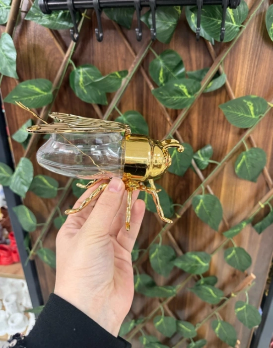 Arı Tasarımlı Bal Kabı Ballık  Kaşık Hediyeli Gold Kaplama Plastik