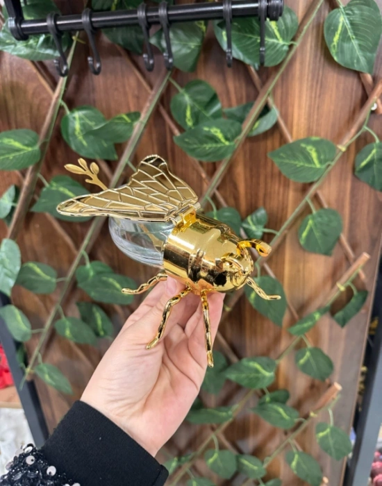 Arı Tasarımlı Bal Kabı Ballık  Kaşık Hediyeli Gold Kaplama Plastik