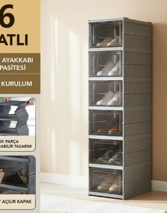 Brns 6 Katlı Lüks Ayakkabılık Terlik Kutusu GRİ