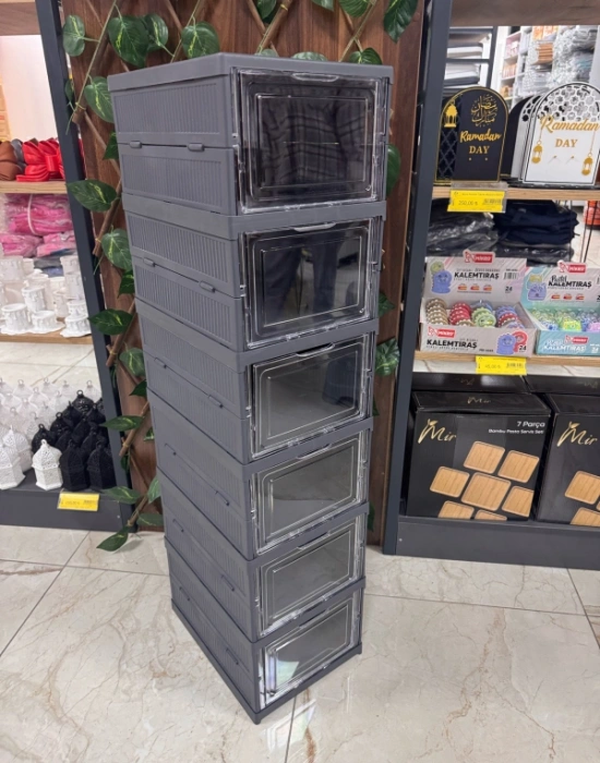 Brns 6 Katlı Lüks Ayakkabılık Terlik Kutusu GRİ