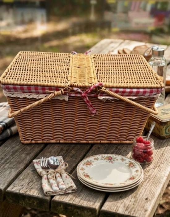 Ç. Açık Renk Kare Rattan Hasır Piknik Sepeti Vintage Sepet