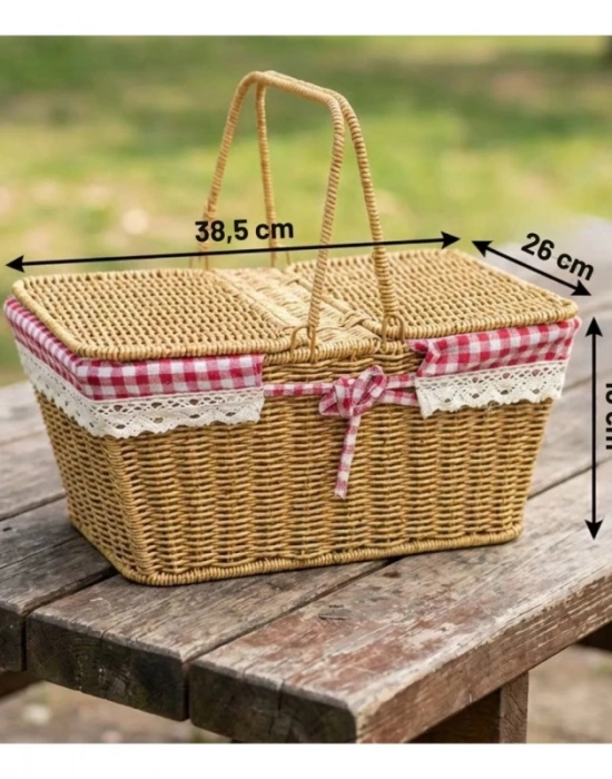 Ç. Açık Renk Kare Rattan Hasır Piknik Sepeti Vintage Sepet