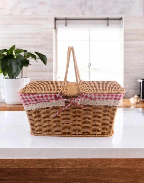 Ç. Açık Renk Kare Rattan Hasır Piknik Sepeti Vintage Sepet