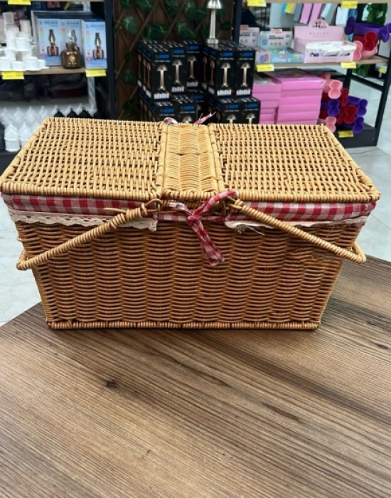 Ç. Açık Renk Kare Rattan Hasır Piknik Sepeti Vintage Sepet