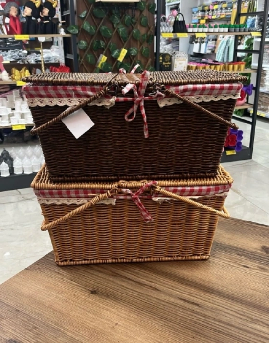 Ç. Açık Renk Kare Rattan Hasır Piknik Sepeti Vintage Sepet