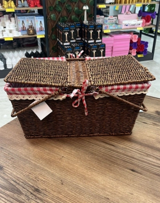 Ç. Koyu Renk Kare Rattan Hasır Piknik Sepeti Vintage Sepet