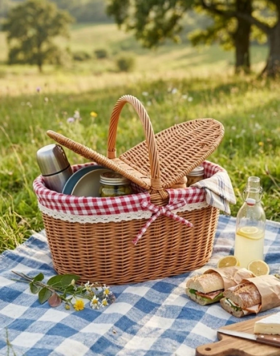 Ç. Açık Renk Oval Rattan Hasır Piknik Sepeti Vintage Sepet