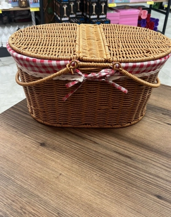 Ç. Açık Renk Oval Rattan Hasır Piknik Sepeti Vintage Sepet