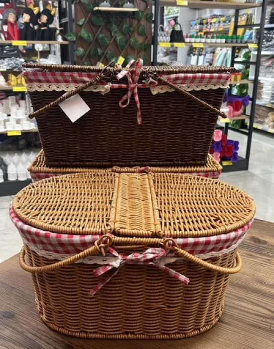 Ç. Açık Renk Oval Rattan Hasır Piknik Sepeti Vintage Sepet