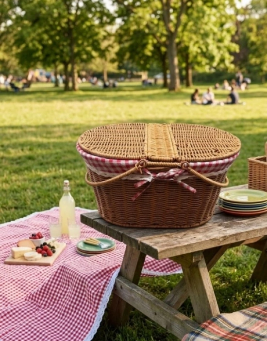Ç. Açık Renk Oval Rattan Hasır Piknik Sepeti Vintage Sepet