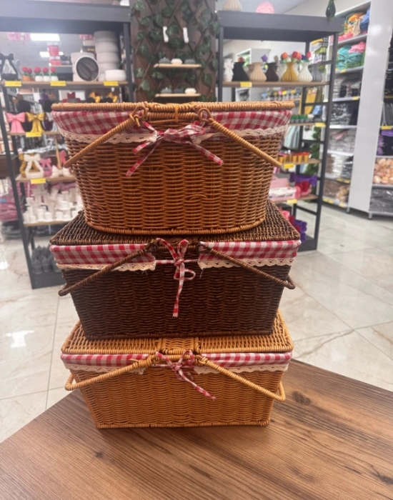 Ç. Açık Renk Oval Rattan Hasır Piknik Sepeti Vintage Sepet