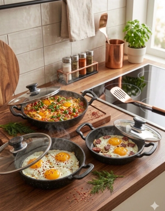 Hamarat Kapaklı 3Lü Granit Sahan Tava Seti 18 cm 20 cm 22 cm