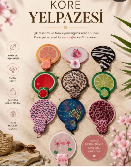Kore Yelpaze Katlanabilir Kolay Taşınabilir Yuvarlak Mini Yelpaze Çantalı