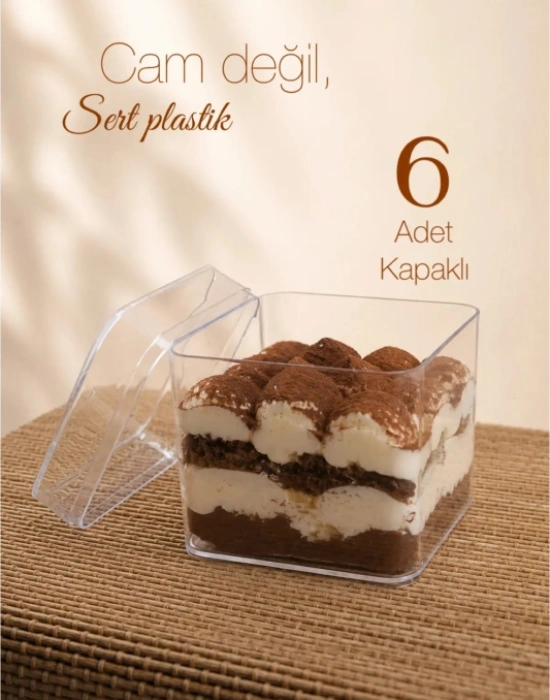 Sert Mika Plastik 6lı Kare Tiramisu Cup 250 cc  Şeffaf Kapaklı Sunum Kabı Tatlı & Meze ve Salata Kap
