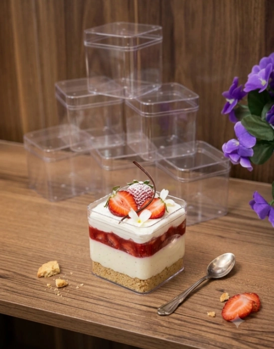 Sert Mika Plastik 6lı Kare Tiramisu Cup 250 cc  Şeffaf Kapaklı Sunum Kabı Tatlı & Meze ve Salata Kap