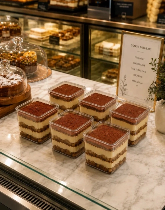 Sert Mika Plastik 6lı Kare Tiramisu Cup 250 cc  Şeffaf Kapaklı Sunum Kabı Tatlı & Meze ve Salata Kap
