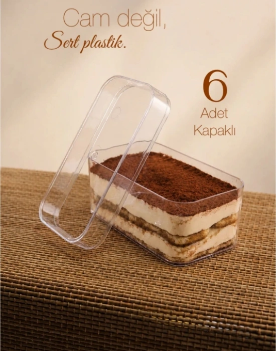 Sert-Mika Plastik Tatlı Kasesi Dikdörtgen 270CC - 6 Adet Kapaklı Hijyenik ve Estetik Sunum