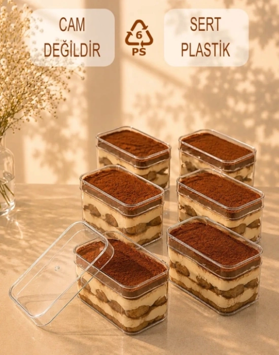 Sert-Mika Plastik Tatlı Kasesi Dikdörtgen 270CC - 6 Adet Kapaklı Hijyenik ve Estetik Sunum